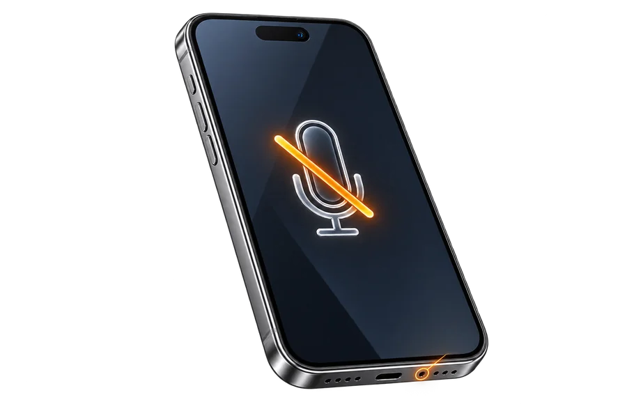 Telefonas su neveikiančio mikrofono simboliu