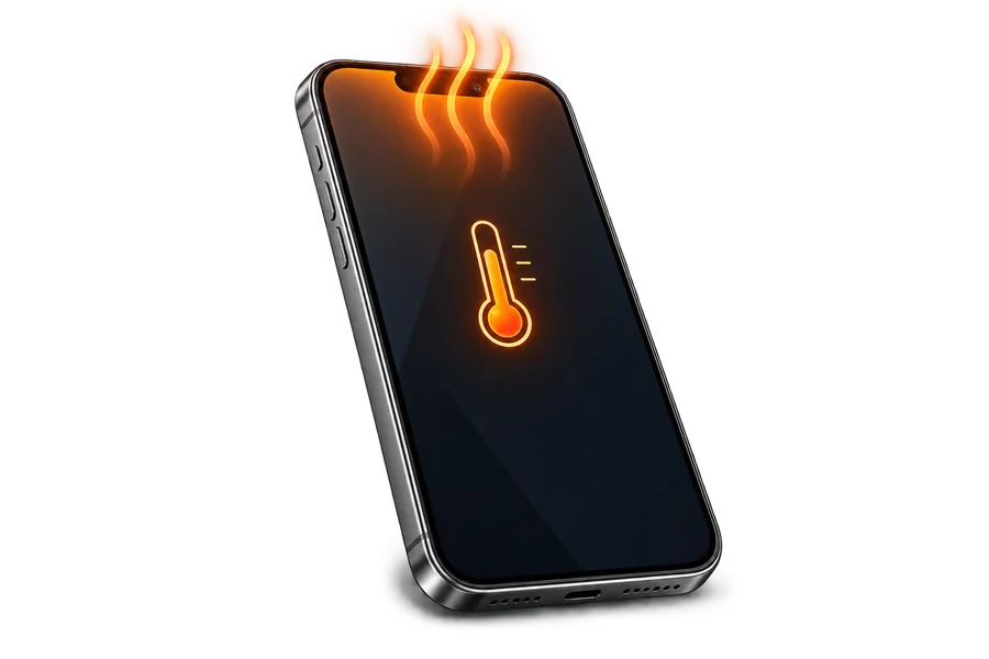Telefonas su perkaitimo ir temperatūros simboliais